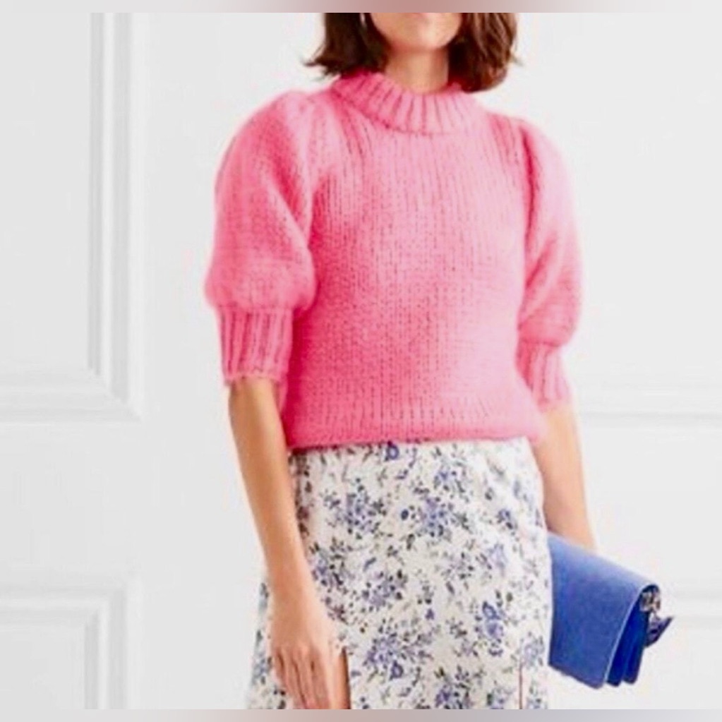 Ganni Nwt Julliard Mohair Wool Fuzzy Sweater Puff Sleeve Hot Pink Size Xs